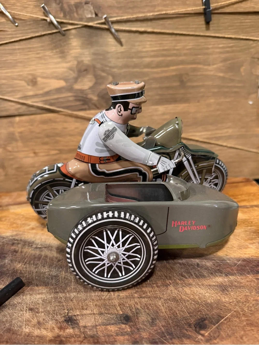 Harley-Davidson Olive Green & Tan Tin Motorcycle with Sidecar